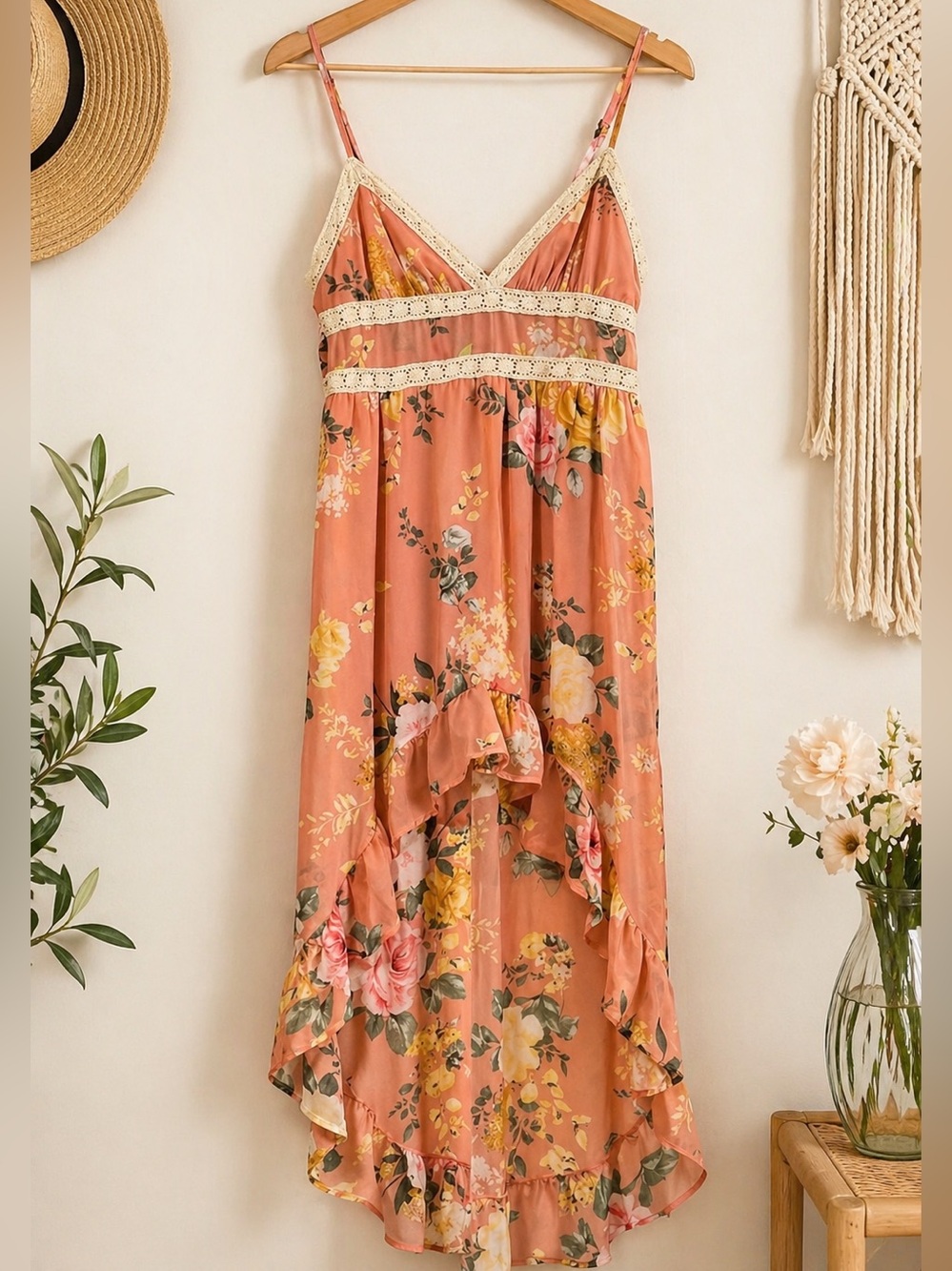 Rue21 Floral Lace Trim Hi Low Mini Dress Boho Smocked Back Size L Peach